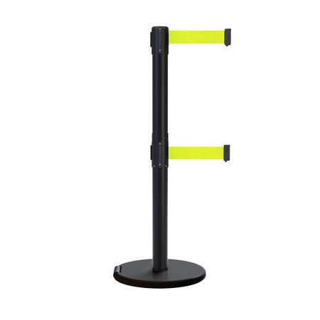 MONTOUR LINE Retractable Belt Dbl Roller Stanchion, 2.5ft Black Post  11ft. Fl.Yels ME630D-BK-FYW-110